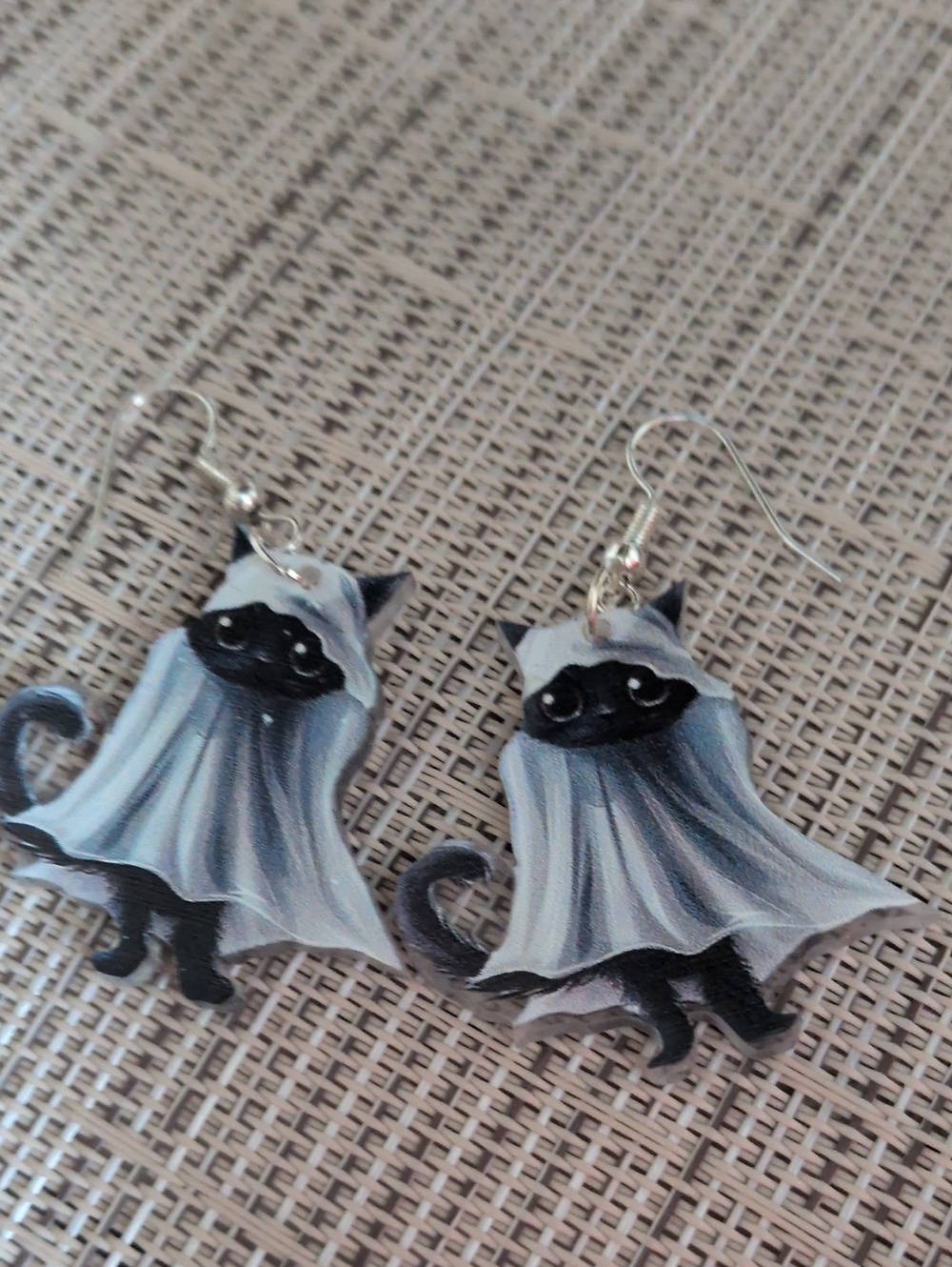 Cat Ghost Drop Earrings in Gray and Black